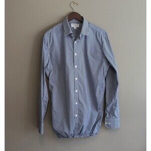 Tommy John Size 16 Stay Tucked Dress Shirt Mens Blue Check Gingham Large Slim